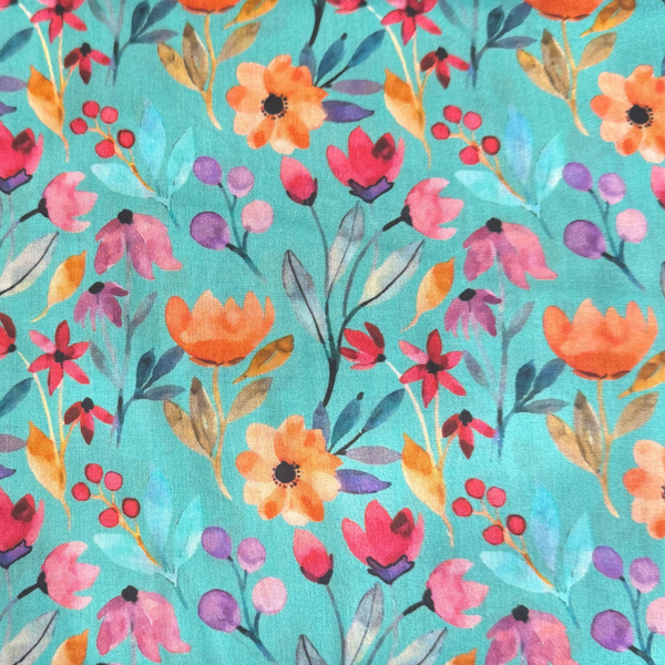 Teal Floral Cotton Lawn Fabric