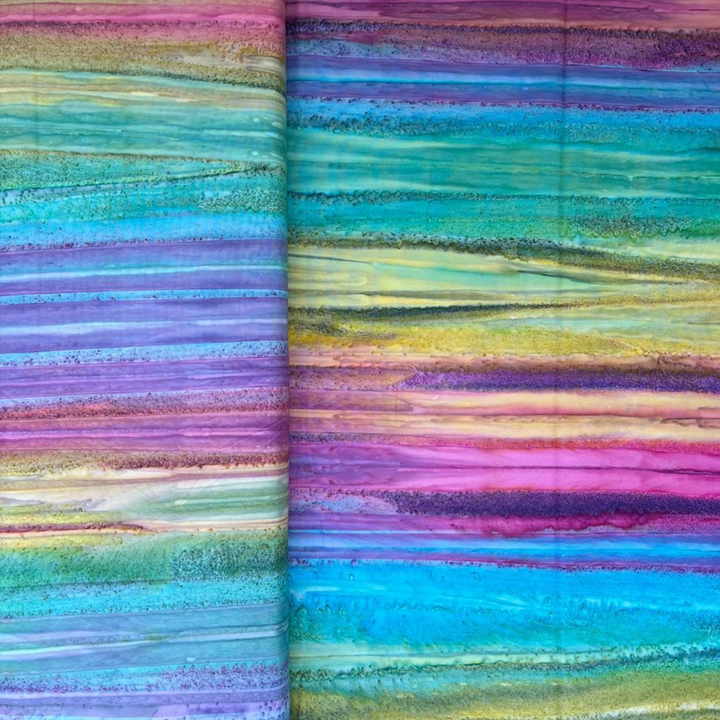 Green Blue & Pink Batik Fabric - Batik Landscape Rainbow Glitch