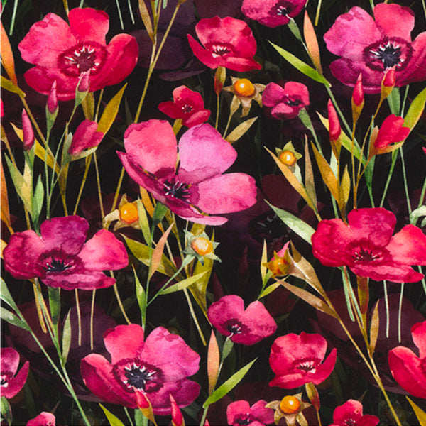 Black Burgundy Floral Viscose Fabric