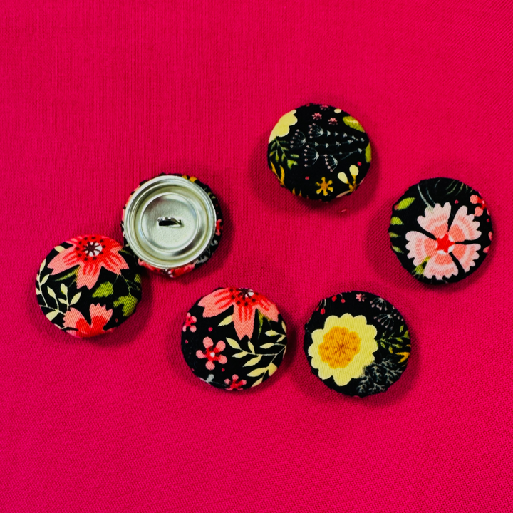 Black Floral Fabric Covered Buttons - 22mm