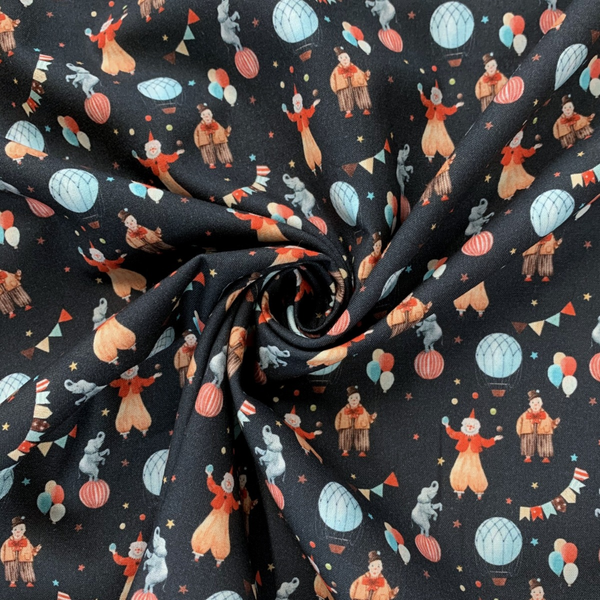 REMNANT - Clown Circus Black Cotton Fabric - 57CM