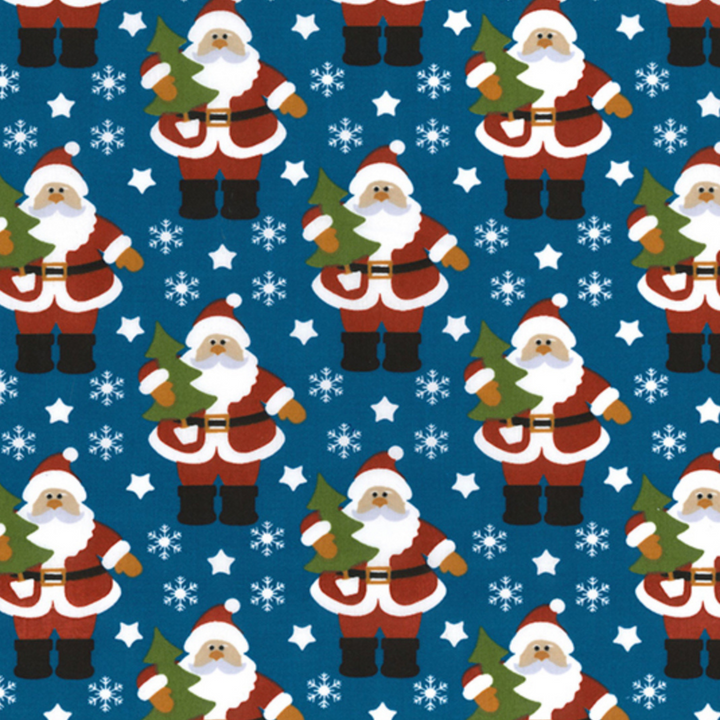 Blue Santa Christmas Polycotton Fabric