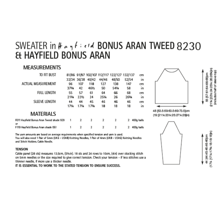 Hayfield Bonus Aran & Bonus Aran Tweed Knitting Pattern - 8230 Sizes