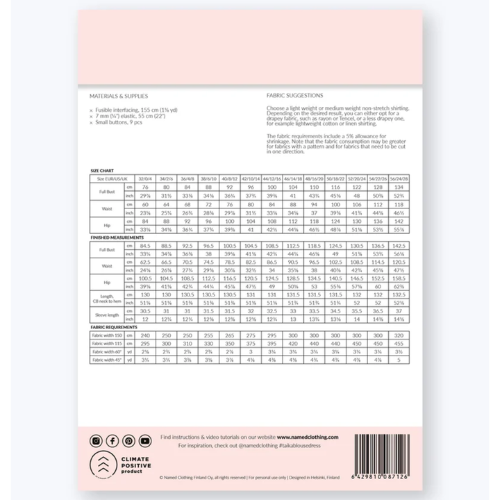 Named Taika Blouse Dress Sewing Pattern Size Chart