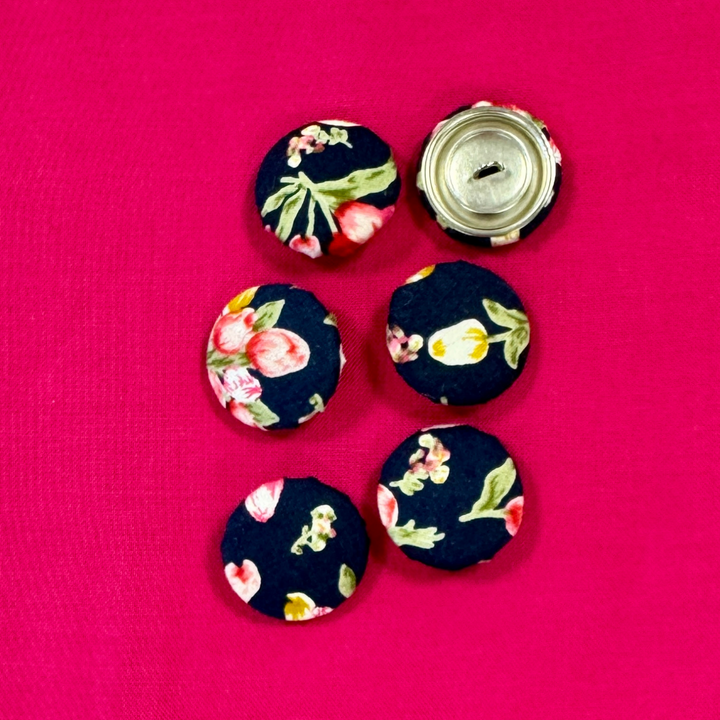 Navy Blue Floral Fabric Covered Buttons - 22mm