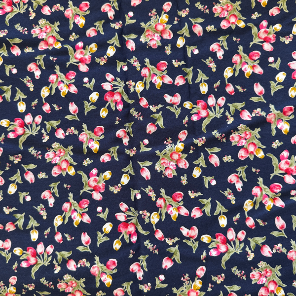 Pink Floral on Navy Background Cotton Poplin Fabric