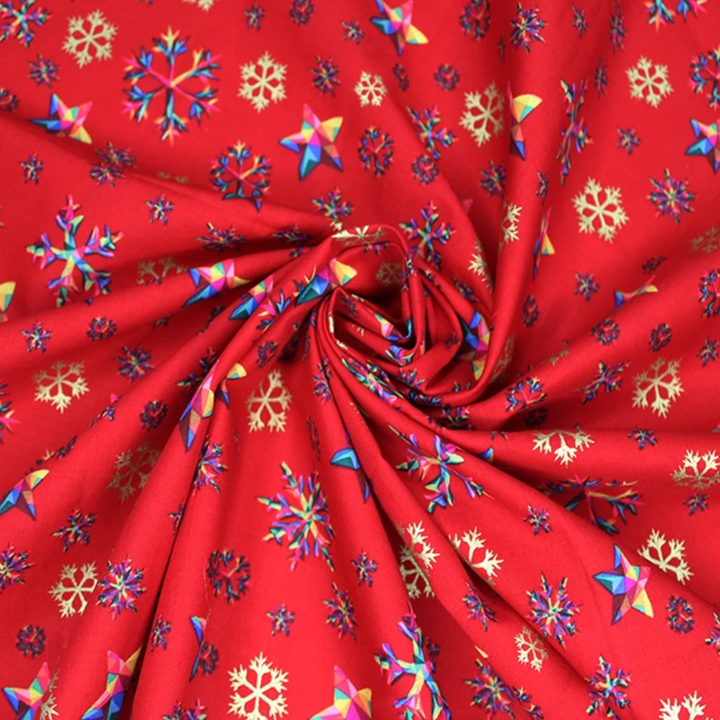 Red Rainbow Snowflake Metallic Cotton Fabric