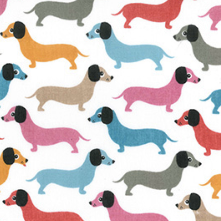 Sausage Dog on White Polycotton Fabric