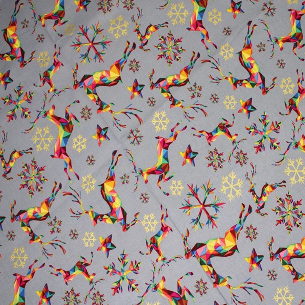 Silver Rainbow Reindeer Metallic Cotton Fabric