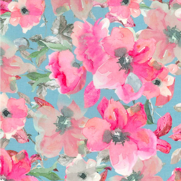 REMNANT - Sky Blue Floral Cotton Lawn Fabric - 187CM