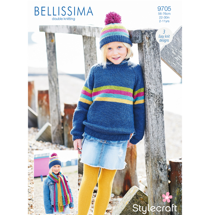 Stylecraft Jumper, Scarf & Hat in Bellissima DK Knitting Pattern 9705