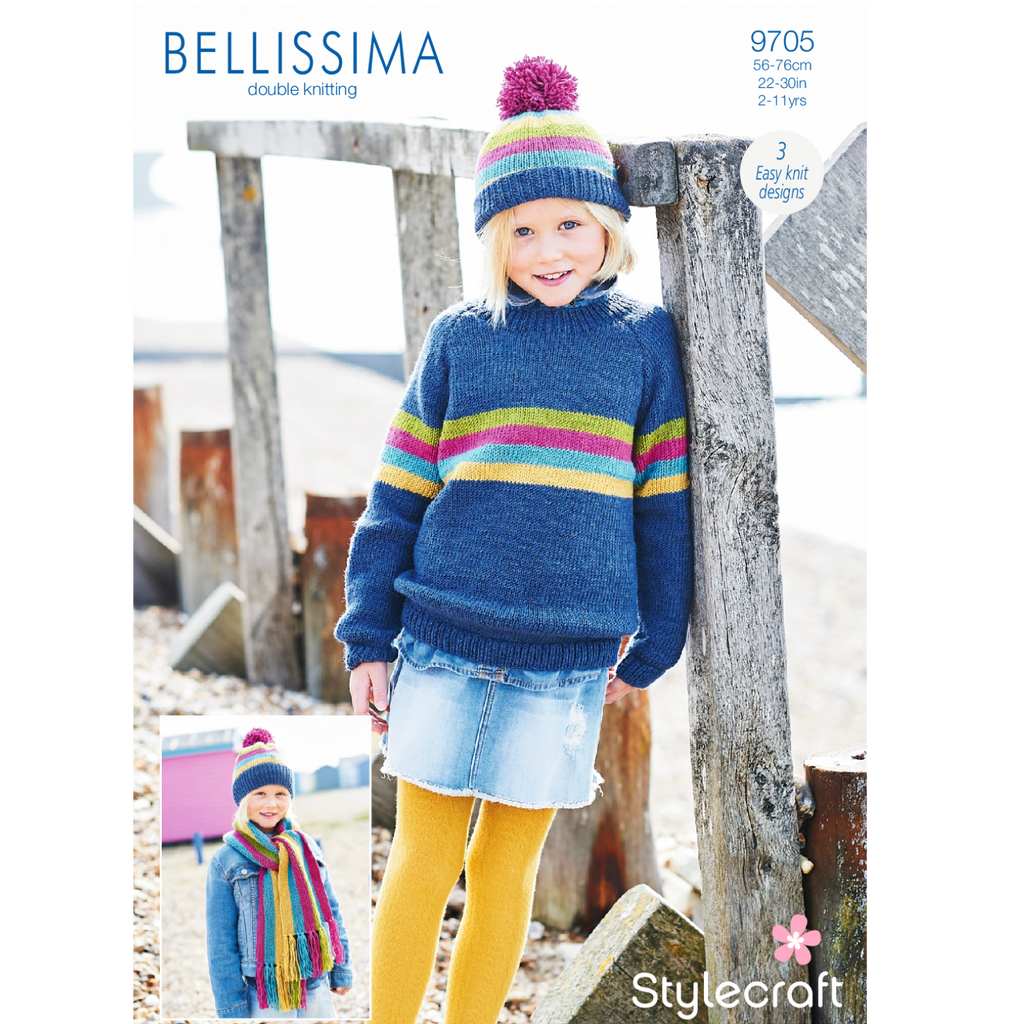 Stylecraft Jumper, Scarf & Hat in Bellissima DK Knitting Pattern 9705