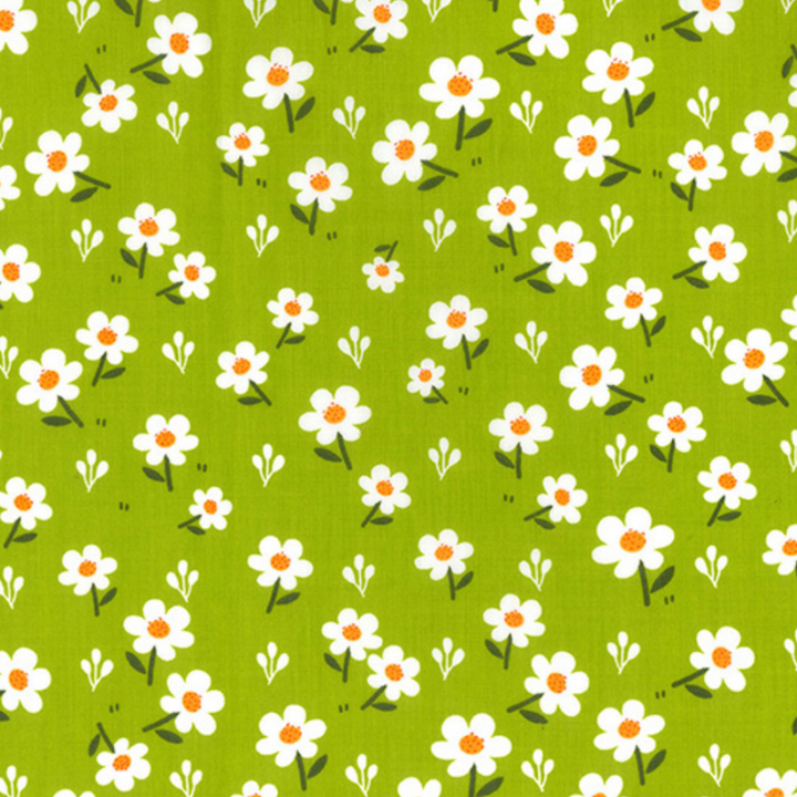 White Daisies on Green Polycotton Fabric