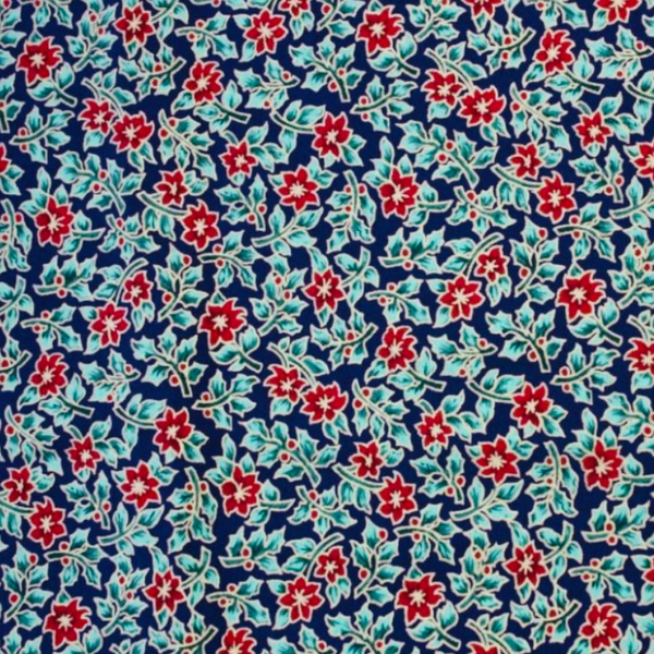 Navy Festive Floral Metallic Christmas Cotton Fabric