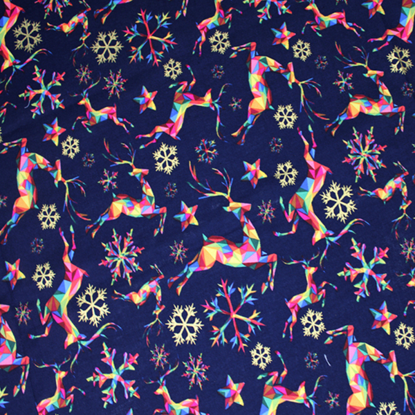 Navy Blue Rainbow Reindeer Metallic Cotton Fabric