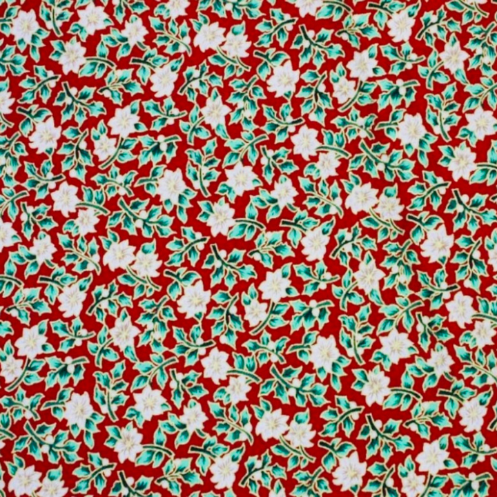 Red Festive Floral Metallic Christmas Cotton Fabric