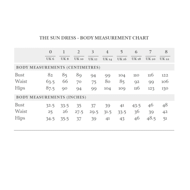 The Sun Dress-Body Measurement Chart