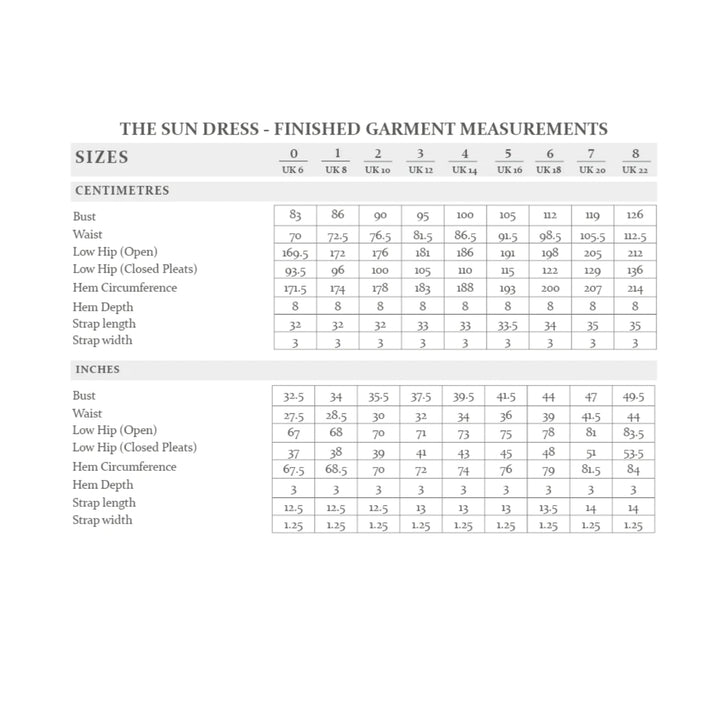 TheSunDressSewingPattern-Finished Garment Measurements